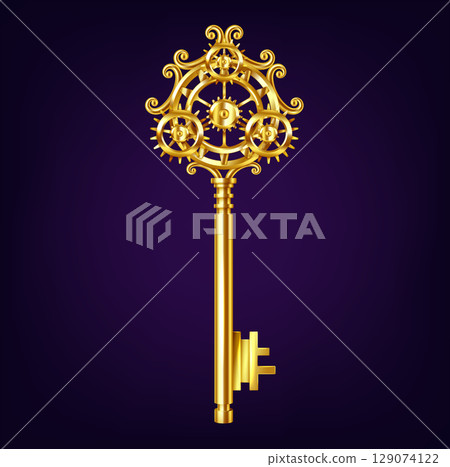 Golden Ornate Key with Steampunk Design Golden Ornate Key with Steampunk Design 129074122
