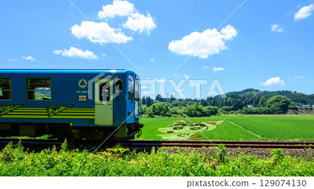 Rice field art along the Akita Nairiku Line, a slow-moving train, Akita Prefecture Rice field art along the Akita Nairiku Line, a slow-moving train, Akita Prefecture 129074130