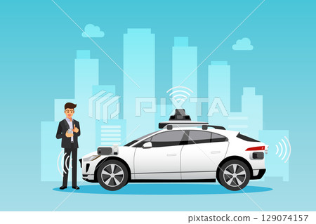Man is booking Self driving car by application on smartphone. Man is booking Self driving car by application on smartphone. 129074157