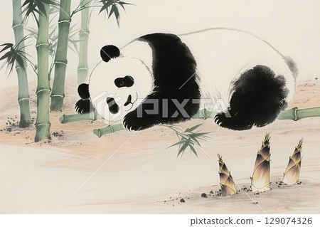 A cute panda ink illustration sleeping on the ground with a bamboo in its arms 129074326