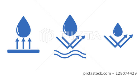 Flat water protection icons. Dropproof, waterproof, and corrosion-resistant vector signs. Weather shield symbols for product labels, textile tags, or outdoor equipment illustration. Flat water protection icons. Dropproof, waterproof, and corrosion-resistant vector signs. Weather shield symbols for product labels, textile tags, or outdoor equipment illustration. 129074429