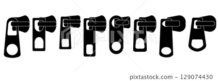 Zipper puller vector icon design. Metal zip fastener sketch for backpack or cloth closure. CAD style zipper lock illustration isolated on white background for sewing or fashion. Zipper puller vector icon design. Metal zip fastener sketch for backpack or cloth closure. CAD style zipper lock illustration isolated on white background for sewing or fashion. 129074430