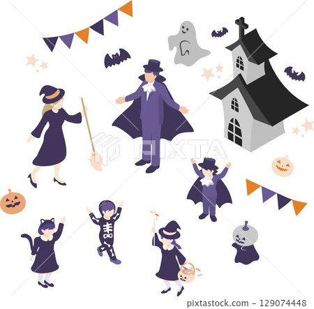 Isometric person family Halloween event costume cute simple illustration material set 129074448