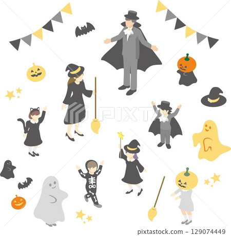 Isometric person family Halloween event costume cute simple illustration material set Isometric person family Halloween event costume cute simple illustration material set 129074449