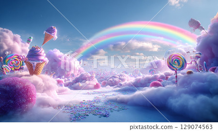 3D pastel pink rainbow. colorful candy land background with rainbow. a colorful candy land background with rainbow lollipops and candies on a pink pastel backdrop. 129074563