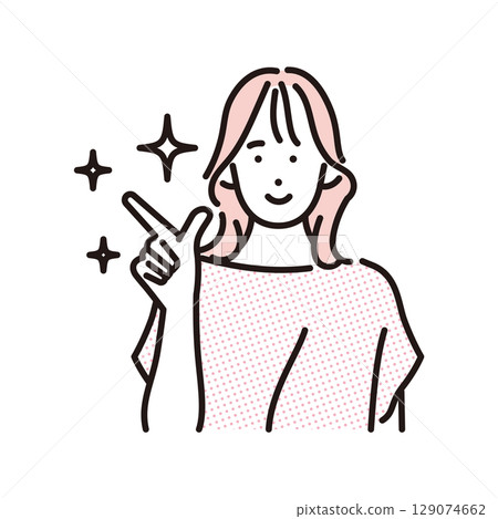 簡單的例子,一個微笑的年輕女士指著 簡單的例子,一個微笑的年輕女士指著 129074662