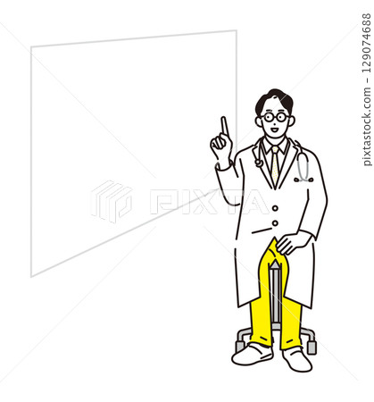 Simple illustration of a male doctor sitting in a chair and giving an explanation Simple illustration of a male doctor sitting in a chair and giving an explanation 129074688