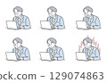 Male facial expression variation set working on a computer 129074863