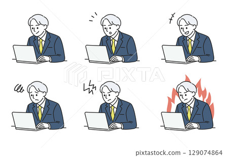 在電腦上工作的男性面部表情變化集 129074864