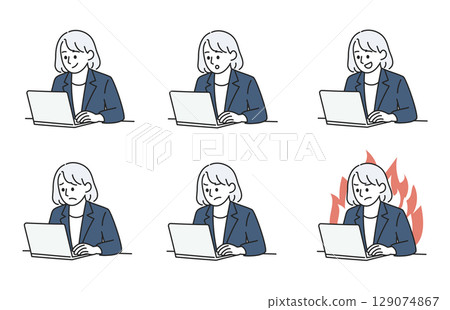 Female facial expression variation set working on a computer 129074867