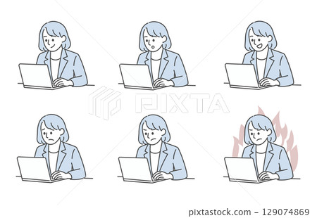 Female facial expression variation set working on a computer 129074869
