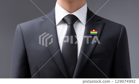 LGBTQ and diversity concept, Businessman in a suit with a colorful lapel pin. LGBTQ and diversity concept, Businessman in a suit with a colorful lapel pin. 129074992