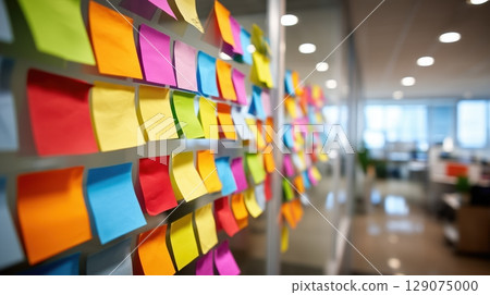 Colorful sticky notes on a glass wall in a modern office space. 129075000