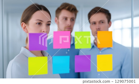 Team brainstorming with colorful sticky notes on a glass wall. 129075001