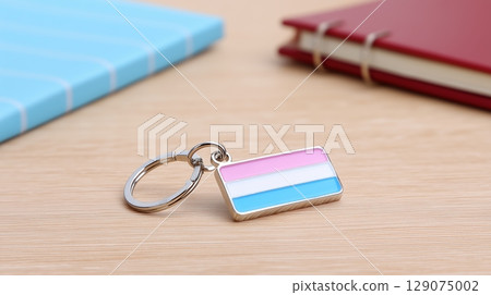 Transgender pride keychain on a wooden table with notebooks. 129075002
