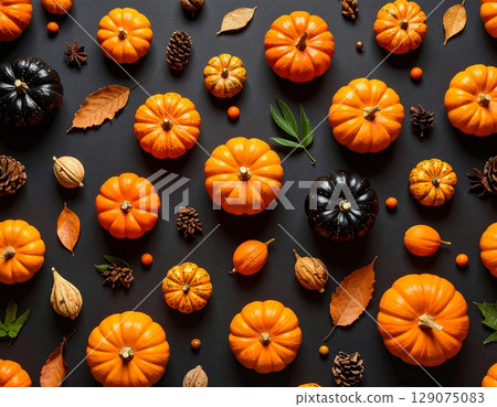 黑色背景上排列著許多三維南瓜的無縫背景 黑色背景上排列著許多三維南瓜的無縫背景 129075083