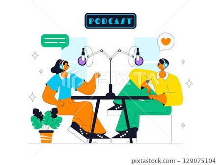 Podcast Studio Vector Illustration Featuring People Using Headsets to Record Audio, a Host Interviewing a Guest, or an Online Show with a Microphone 129075104