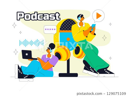 Podcast Studio Vector Illustration Featuring People Using Headsets to Record Audio, a Host Interviewing a Guest, or an Online Show with a Microphone Podcast Studio Vector Illustration Featuring People Using Headsets to Record Audio, a Host Interviewing a Guest, or an Online Show with a Microphone 129075109