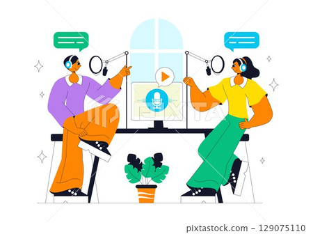 Podcast Studio Vector Illustration Featuring People Using Headsets to Record Audio, a Host Interviewing a Guest, or an Online Show with a Microphone 129075110