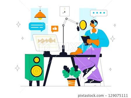 Podcast Studio Vector Illustration Featuring People Using Headsets to Record Audio, a Host Interviewing a Guest, or an Online Show with a Microphone 129075111