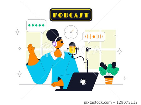 Podcast Studio Vector Illustration Featuring People Using Headsets to Record Audio, a Host Interviewing a Guest, or an Online Show with a Microphone Podcast Studio Vector Illustration Featuring People Using Headsets to Record Audio, a Host Interviewing a Guest, or an Online Show with a Microphone 129075112