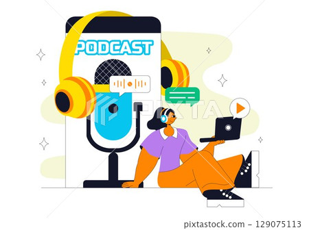 Podcast Studio Vector Illustration Featuring People Using Headsets to Record Audio, a Host Interviewing a Guest, or an Online Show with a Microphone Podcast Studio Vector Illustration Featuring People Using Headsets to Record Audio, a Host Interviewing a Guest, or an Online Show with a Microphone 129075113