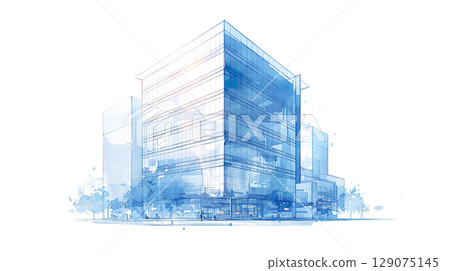 透明背景上淺藍色辦公大樓的水彩插圖（png） 129075145