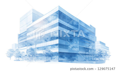 透明背景上淺藍色辦公大樓的水彩插圖(png) 透明背景上淺藍色辦公大樓的水彩插圖(png) 129075147