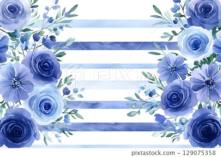 Elegant Blue Floral Border with Stripes in Soft Watercolor Style for Artistic Designs Elegant Blue Floral Border with Stripes in Soft Watercolor Style for Artistic Designs 129075358