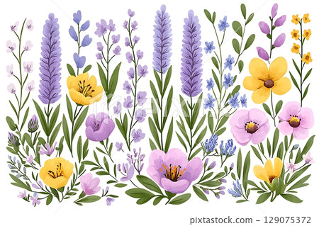 Vibrant Floral Arrangement with Purple Lavender, Yellow and Pink Flowers, Bright Green Leaves 129075372