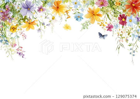 Colorful Floral Arrangement with Wildflowers and Butterfly on a White Background 129075374