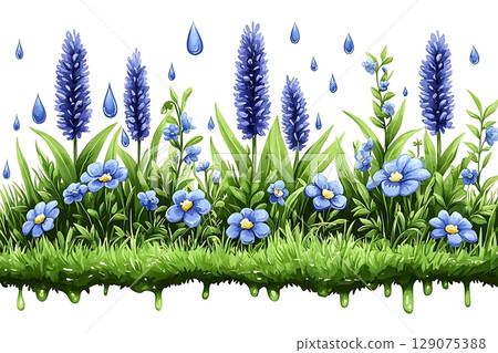 Vibrant Blue Wildflowers Growing Amidst Lush Green Grass with Raindrops and Nature Elements 129075388