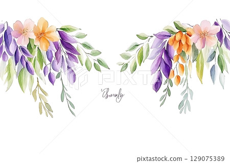 Beautiful watercolor floral arrangement with purple, orange, and green leaves for design projects 129075389