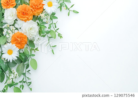 Bright and Vibrant Floral Arrangement with White and Orange Blooms on a Light Background Bright and Vibrant Floral Arrangement with White and Orange Blooms on a Light Background 129075546