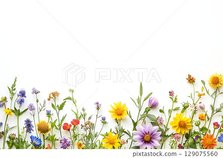 Vibrant Wildflowers Border on White Background for Natural and Fresh Visuals 129075560