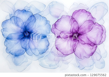 Elegant Blue and Purple Floral Abstract Artwork with Delicate Petals on White Background 129075562
