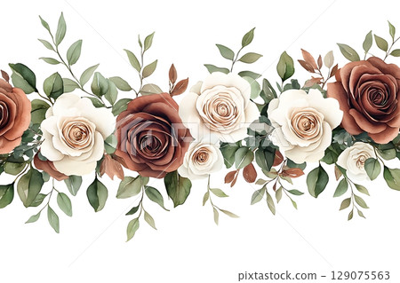 Elegant Floral Arrangement with Brown and Cream Roses and Green Leaves on White Background 129075563