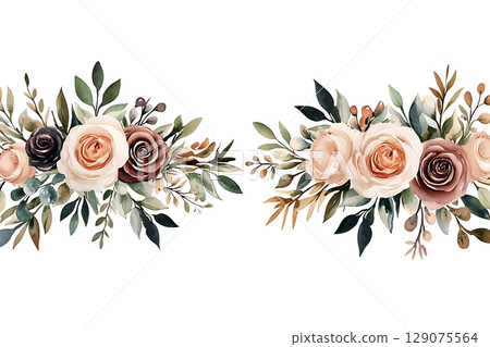 Elegant Floral Arrangement with Soft Roses and Greenery on a Clean White Background 129075564