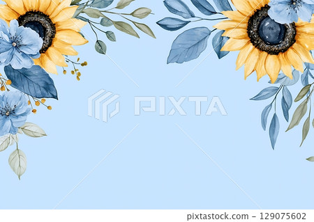 Vibrant Sunflowers and Soft Blue Flowers Frame on a Light Blue Background for Design 129075602