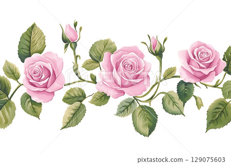 Delicate Pink Roses Arrangement with Leaves on a Soft White Background for Elegant Decor 129075603
