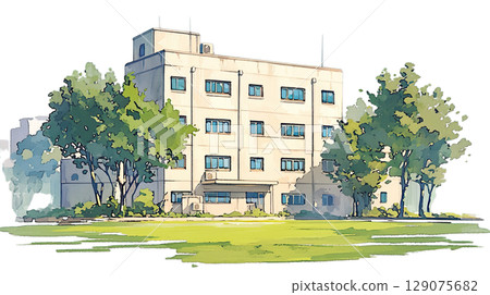 透明背景上市政廳式建築的水彩插圖（png） 129075682