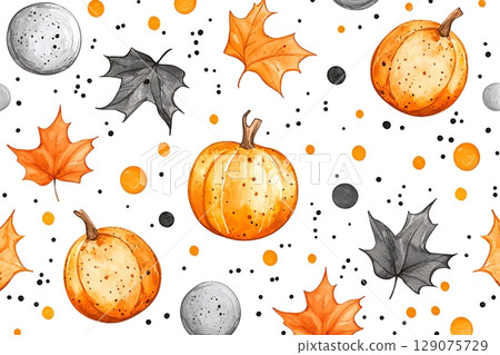 Watercolor Autumn Pattern with Pumpkins, Leaves, Dots, and Gray Elements 129075729