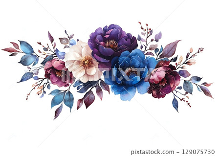 Elegant Floral Arrangement with Colorful Peonies and Leaves on White Background 129075730