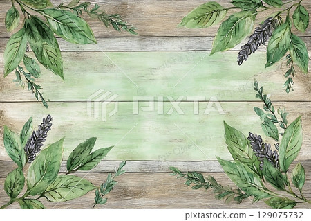 Watercolor Green Botanical Frame with Leaves and Wooden Background for Design Projects 129075732
