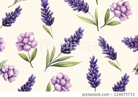 Delicate Floral Pattern with Lavender and Purple Blooms on Cream Background 129075733