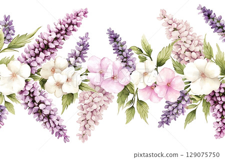 Watercolor Flower Arrangement with Purple and Pink Blooms and Green Leaves Watercolor Flower Arrangement with Purple and Pink Blooms and Green Leaves 129075750