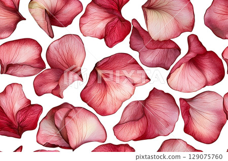 Red Rose Petals on a White Background for Spa, Wedding, Romance, and Nature Themes 129075760