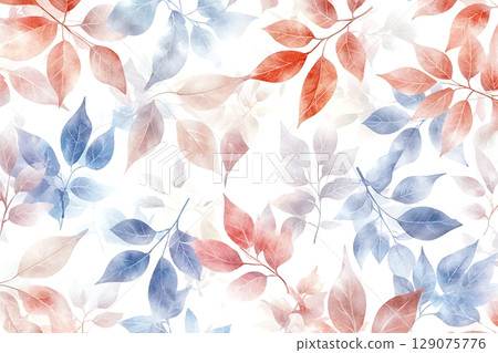 Delicate Watercolor Leaves in Soft Red and Blue Tones on a White Background 129075776