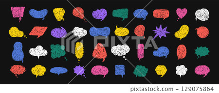 Colorful Crayon speech bubble. Vector Set with chalk scribble text. Retro hand drawn doodle dialogue in Y2k style 129075864