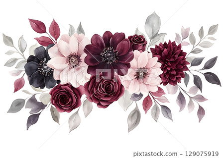 Elegant Floral Arrangement with Burgundy and Blush Flowers on Soft Background Elegant Floral Arrangement with Burgundy and Blush Flowers on Soft Background 129075919